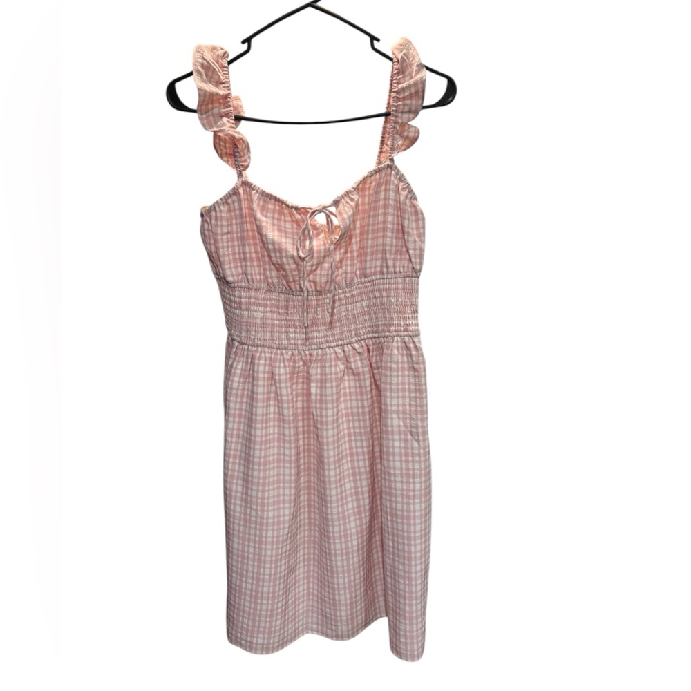 NWT Wayf Pink Gingham Smocked Ruffle Strap Mini Dress Tie Detail Size Small